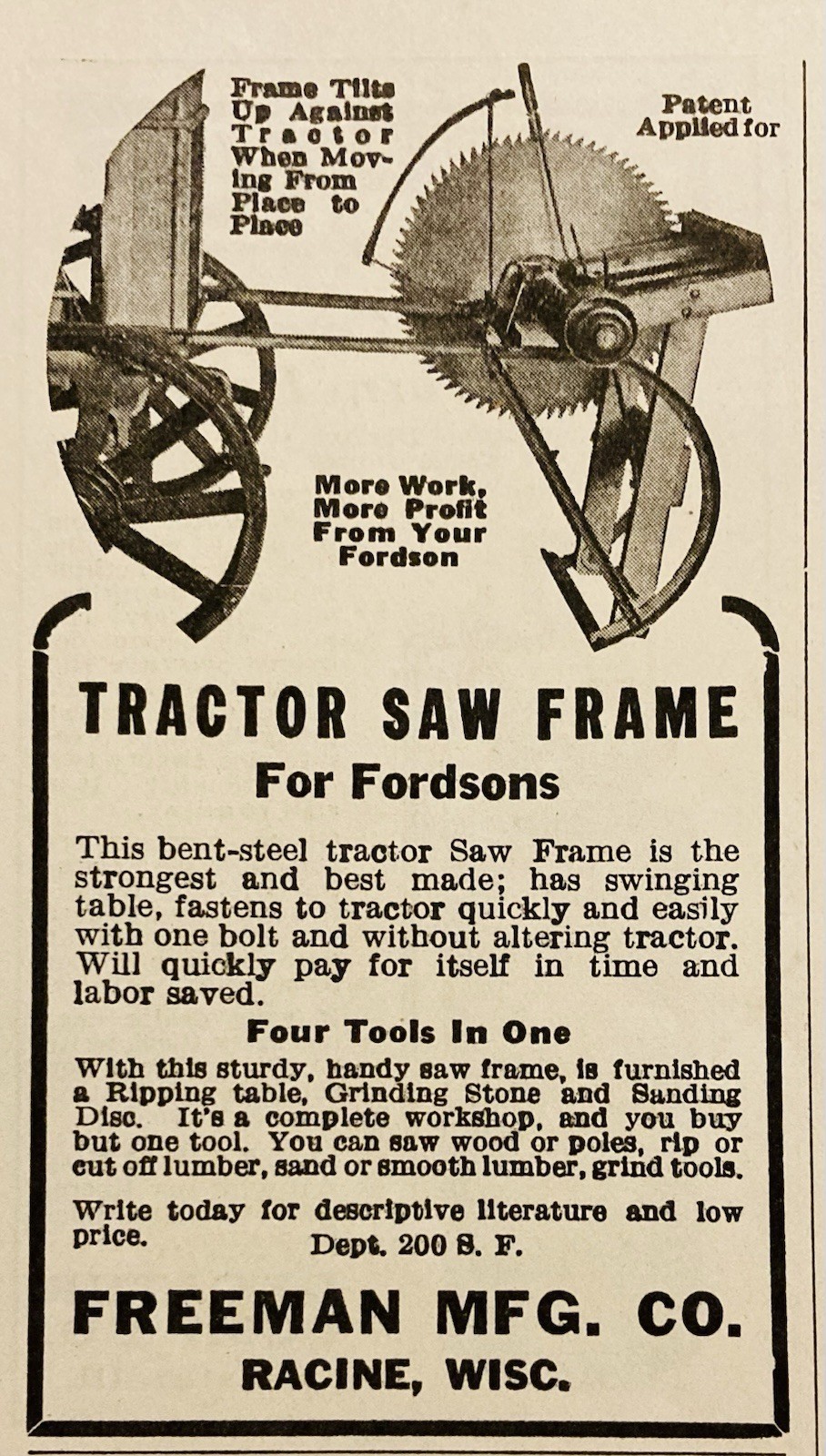 1924 AD.(XH82)~FREEMAN MFG. CO. RACINE, WIS. TRACTOR SAW FRAME FOR FORDSONS