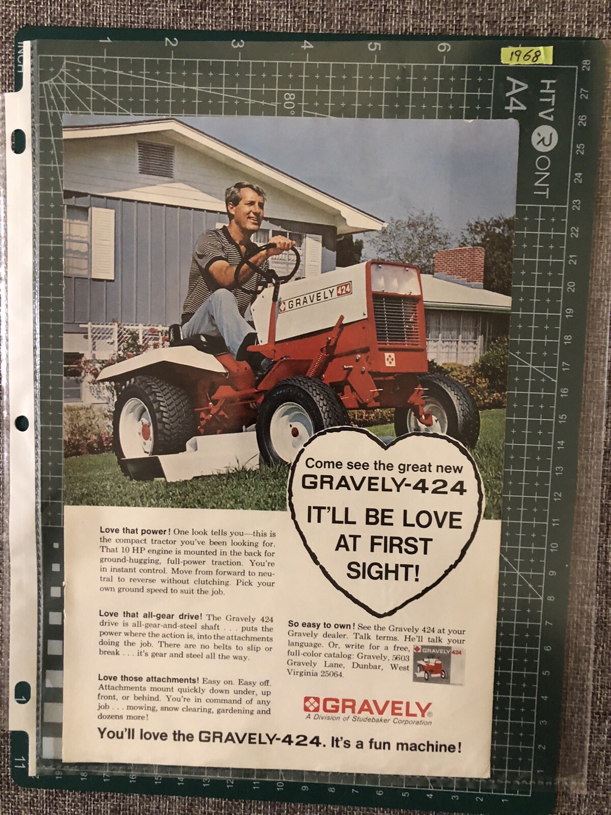 1968 Original Vintage Print Ad Gravely Garden Tractor 424 Beautiful Color