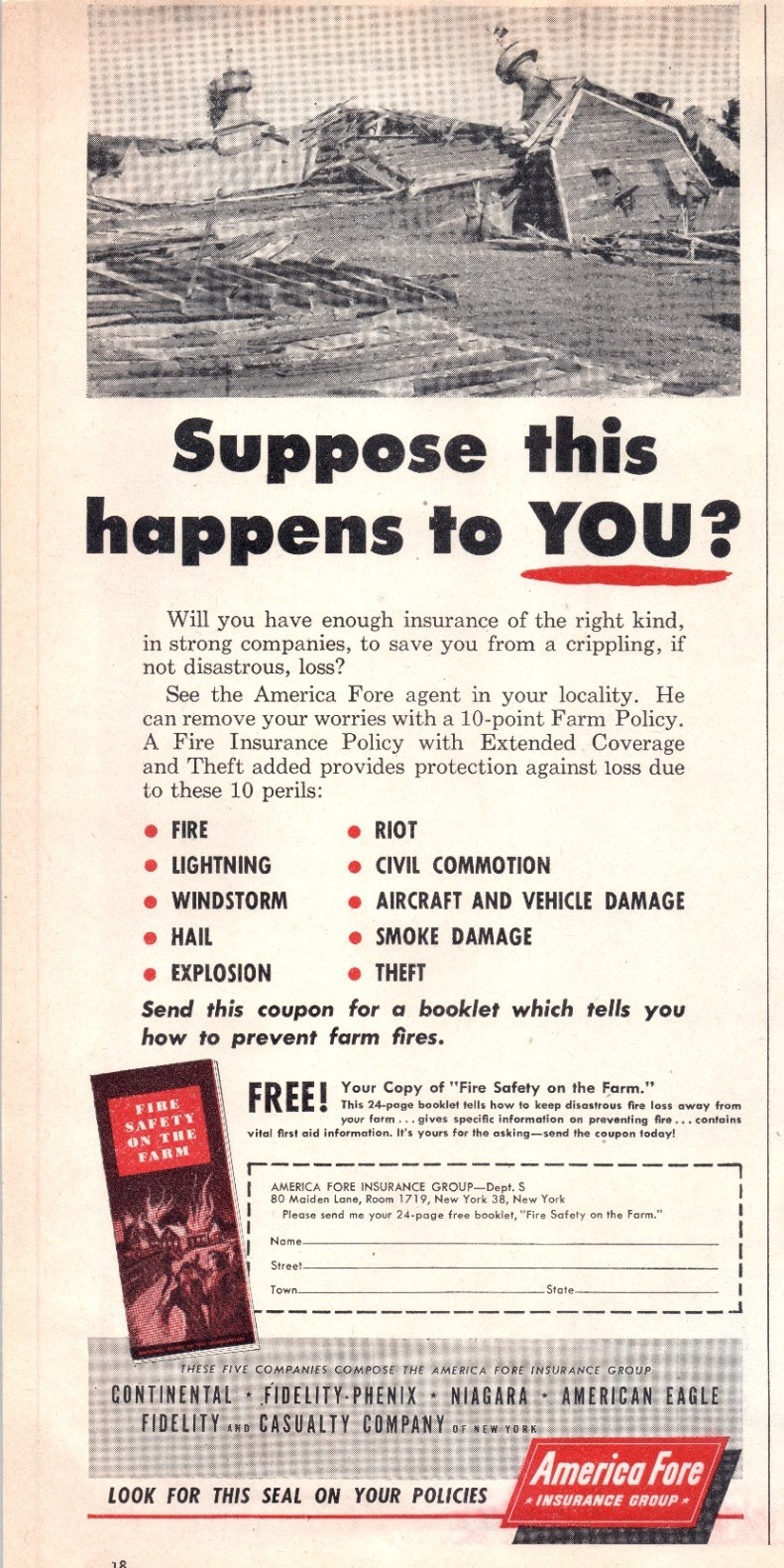 1964 America Fore Farm Fire Insurance Windstorm 60&rsquo;s Vintage Print Ad