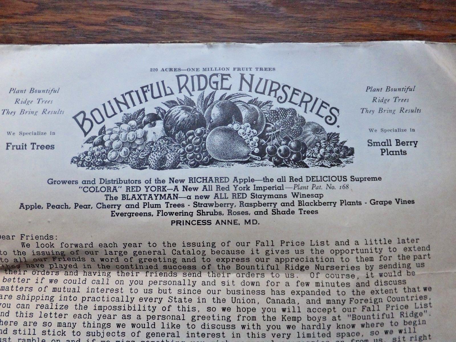 1937 Fruit & Ornamental Price List – Bountiful Ridge Nurseries, Princess Anne,MD