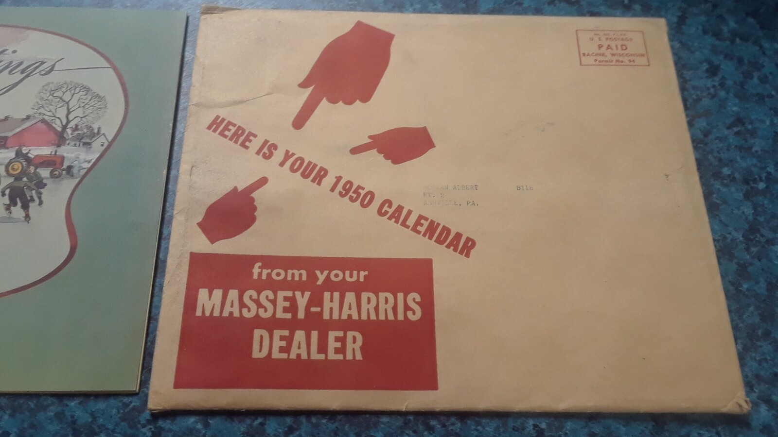 VTG 1950 MASSEY – HARRIS DEALER CALENDAR W/ENVELOPE WEAVERS FARM SERVICE PA