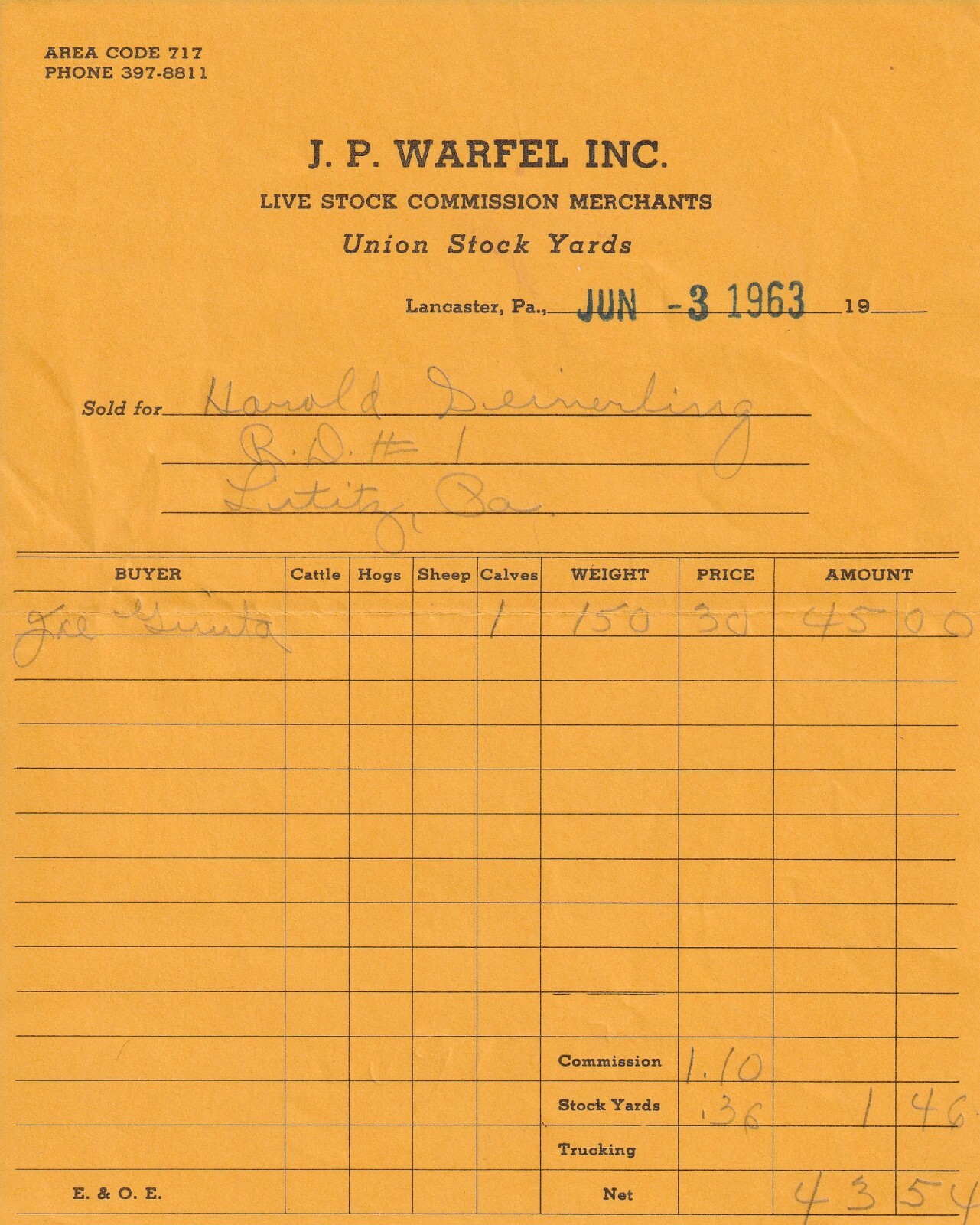 1963 J.P Warfel Live Stock Commission Merchants Calf Receipt Lancaster, PA