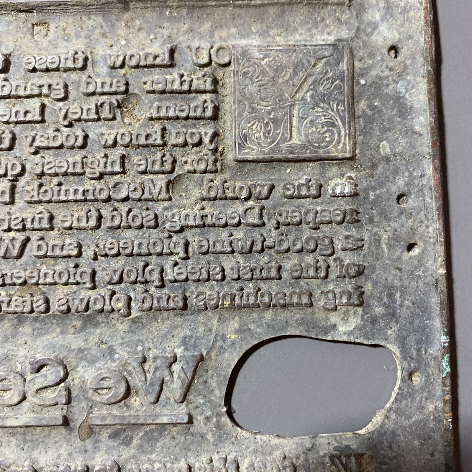 RARE McCormick Deering Copper Printing Plate 1930s farm imagery + Text Look!