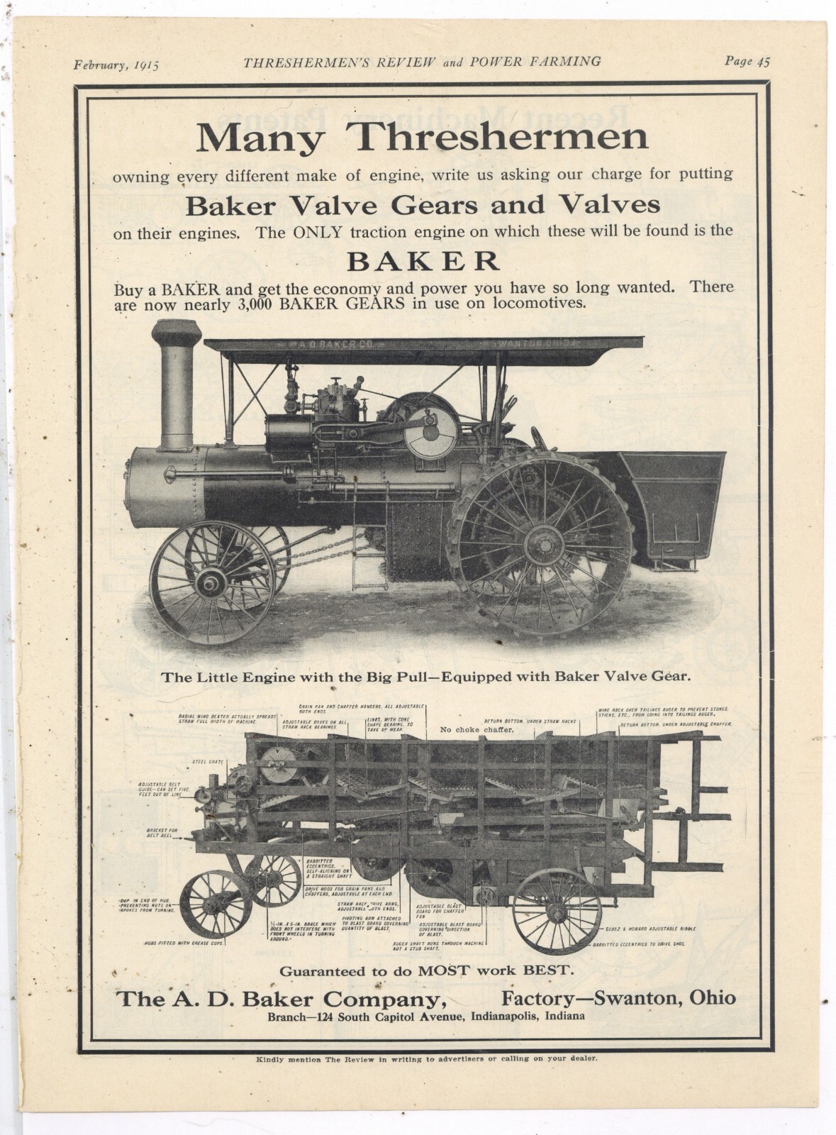 1915 A.D. Baker Co. Ad: Steam Engine & Thresher Schematic Pictured -Swanton OhiO