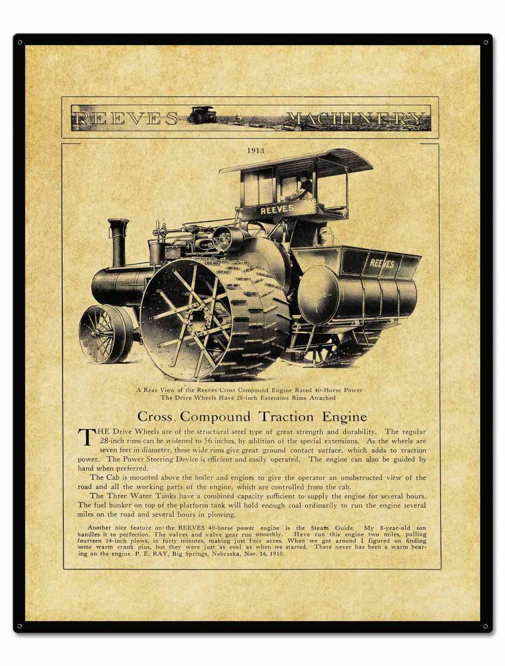 1913 REEVES Traction Engine 40HP – 24&Prime; x 30&Prime; USA STEEL Extra Large – 7 Pounds!