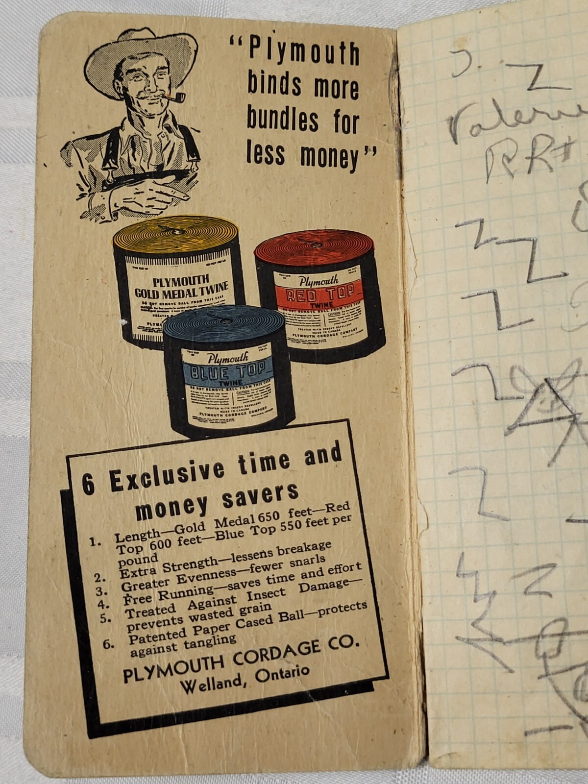 1940&rsquo;S PLYMOUTH TWINE POCKET NOTEBOOK CALENDAR ANTIQUE ADVERTISING FARMING ROPE