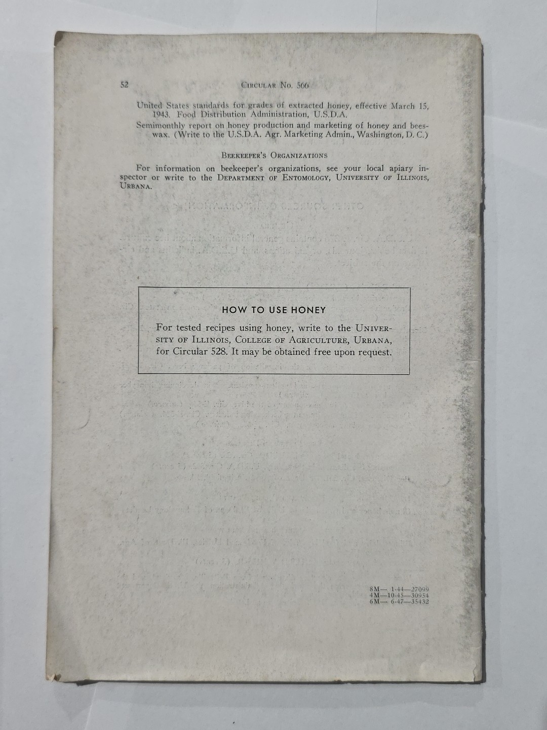 Vintage booklet: HONEY PRODUCTION by V.G. Milum Oct 1945 Reprint Univ. of IL