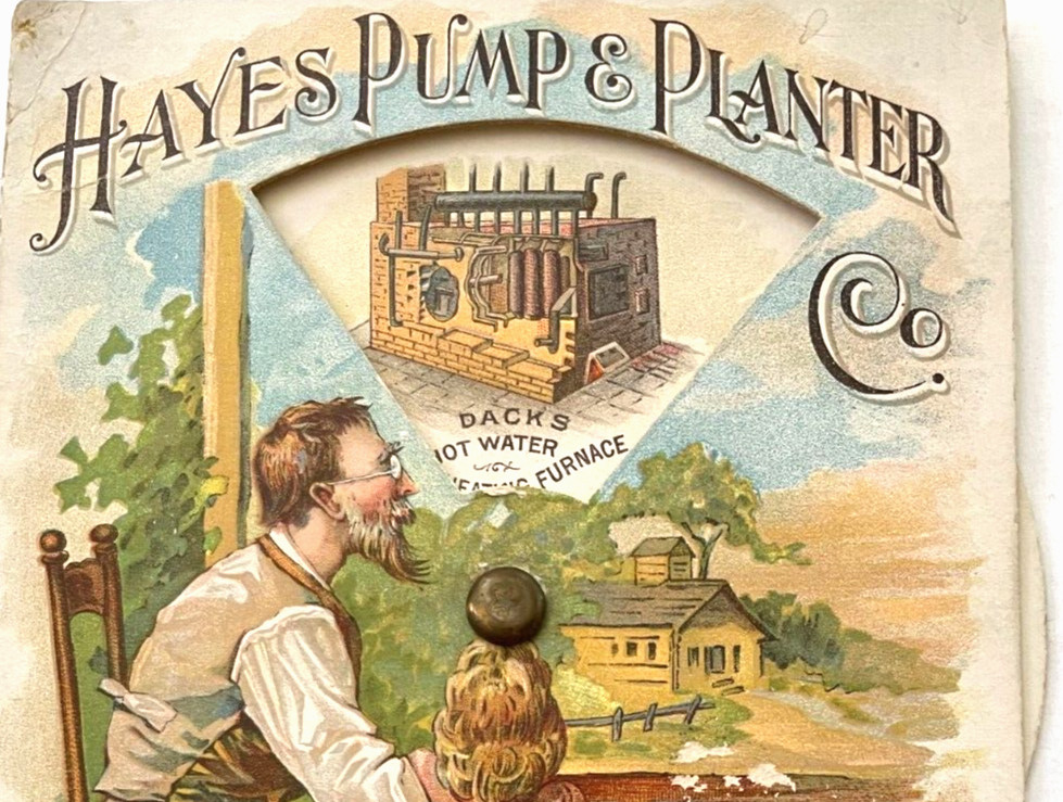 Clever Victorian Trade Card « Hayes Pump & Planter Co. » Wheel Showing Products *