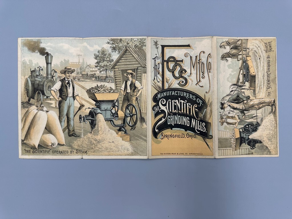 1880s FOOS Mfg SCIENTIFIC MILL Farm Folding Advertise Trade Card SPRINGFIELD OH