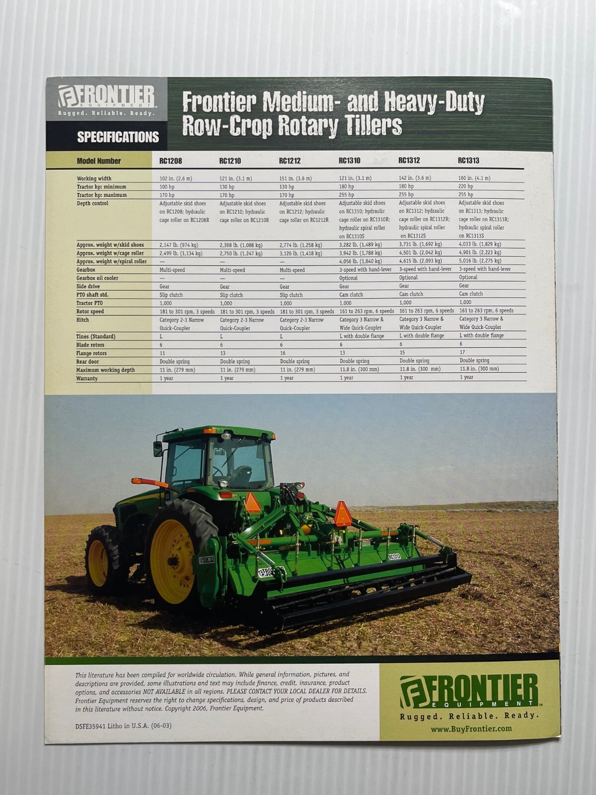 Frontier Equipment – Row Crop Rotary Tillers Sales Brochure *Original 2006*