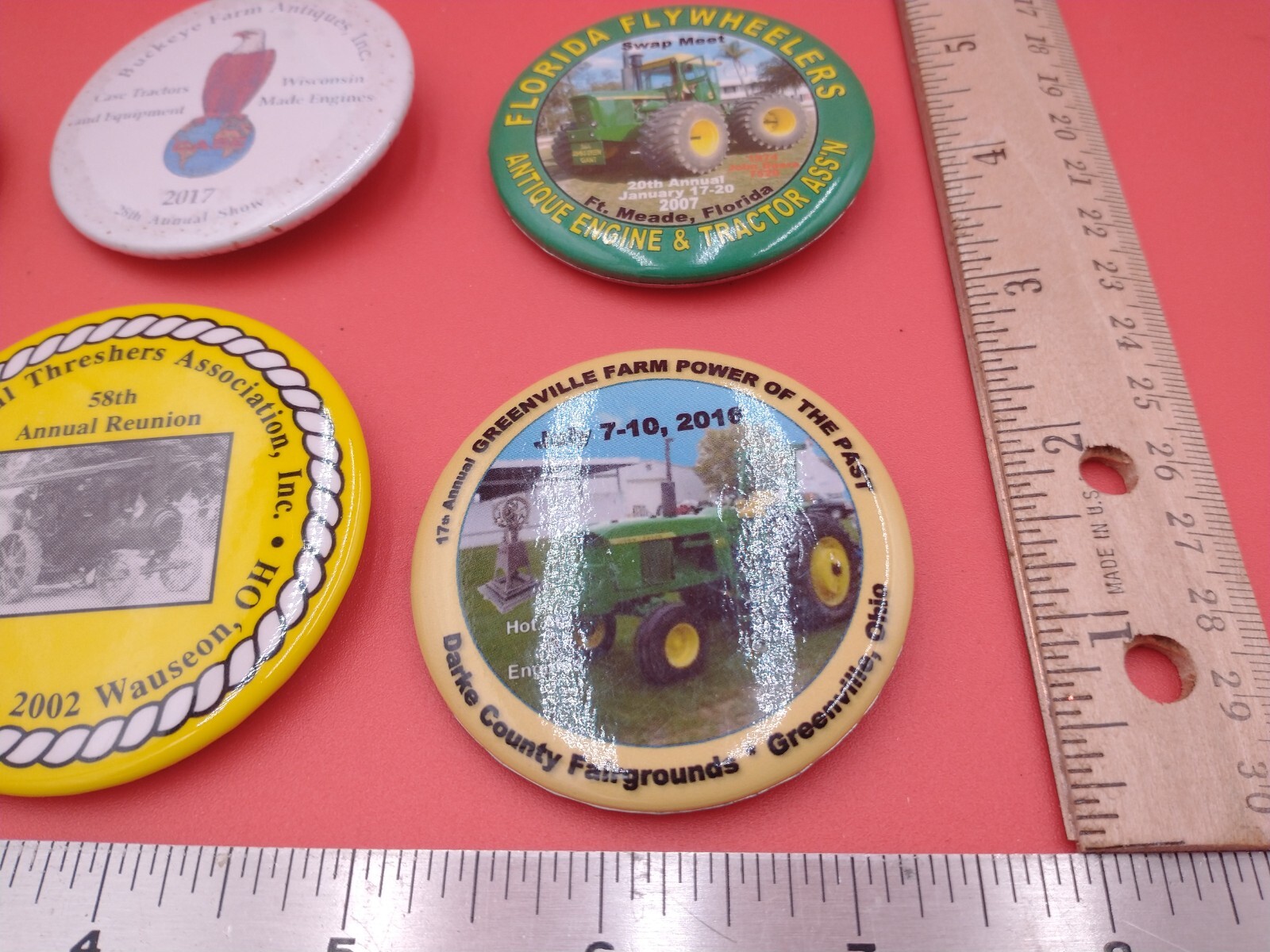 Lot of 6 various pinback buttons. Threshers, antique farm, tractors, Ag #1380