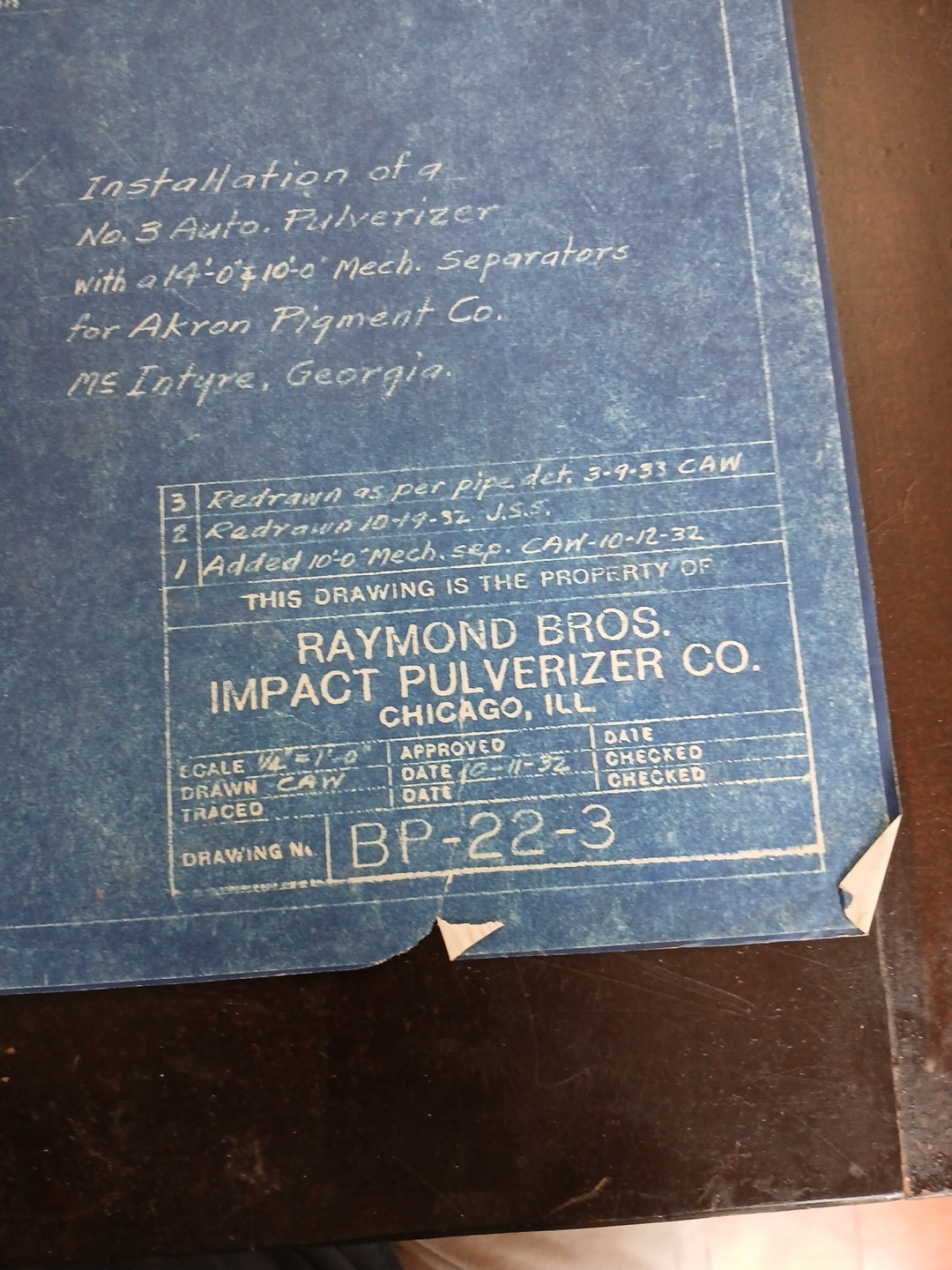 1932 Blue Print Raymond Bros. REPRINT Impact Pulverizer Co. Chicago , ILL