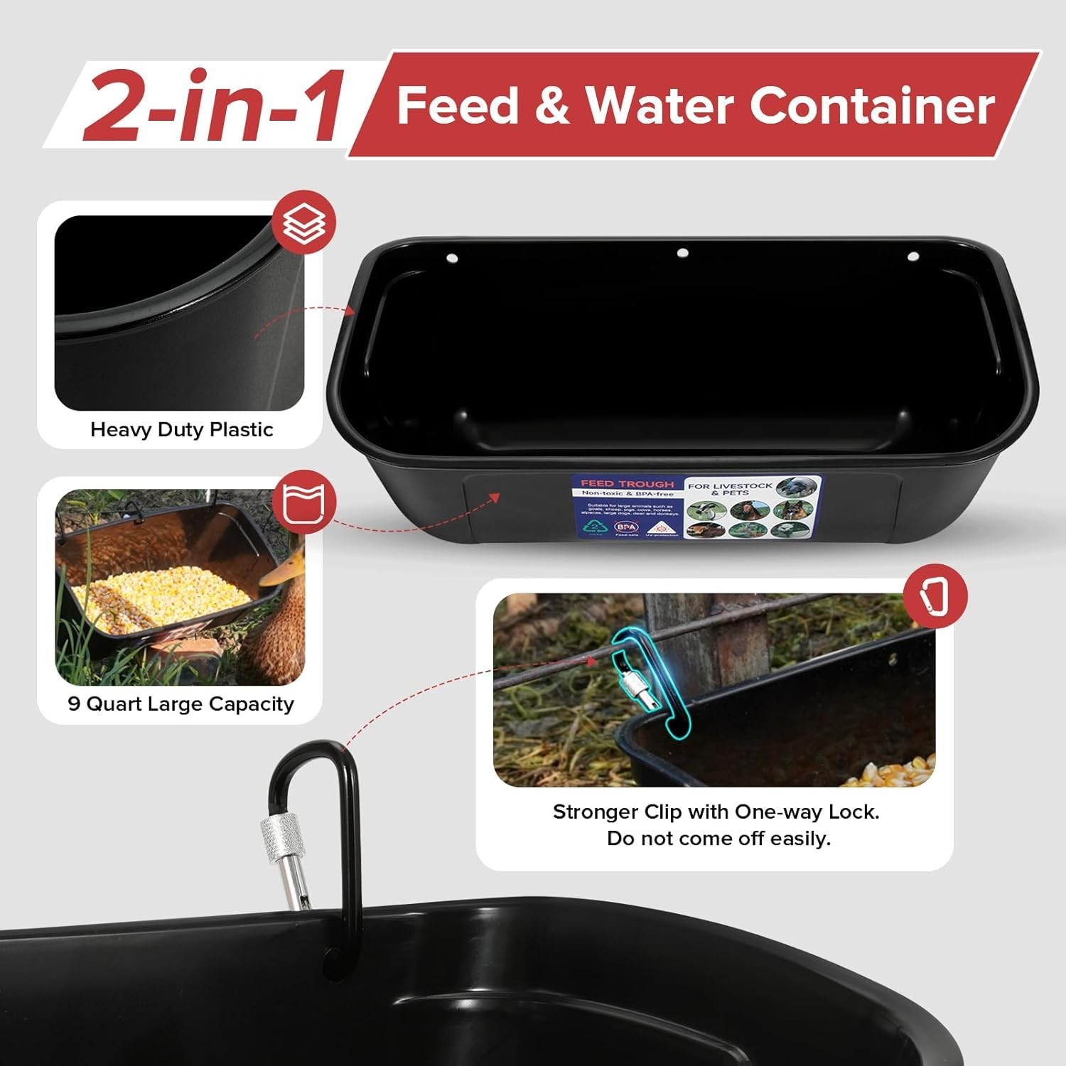 Efficient 9 Quart Feed Trough – No Waste Hanging Feeder for Large Animals