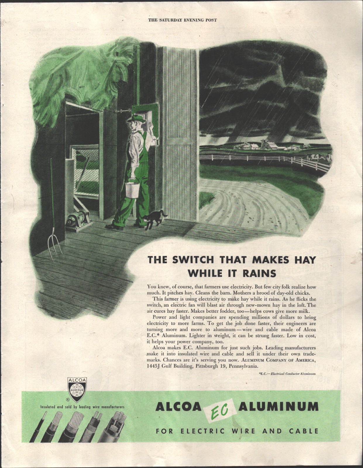 1949 Alcoa Aluminum Electric & Wire Cable Pittsburgh Pa Hay Rain VTG Print Ad g6