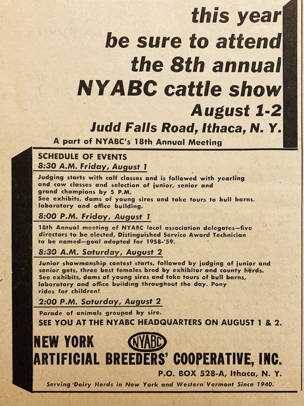 1958 AD.(XH85)~NY ARTIFICIAL BREEDERS’ CO-OP, INC. ITHACA, NY. NYABC CATTLE SHOW