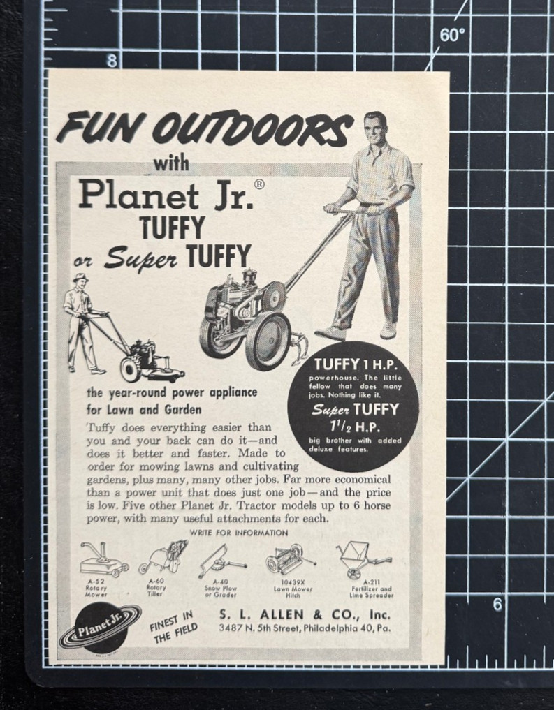 Planet Jr. Tuffy Garden Power Tools Philadelphia PA Vintage Print Ad 1955