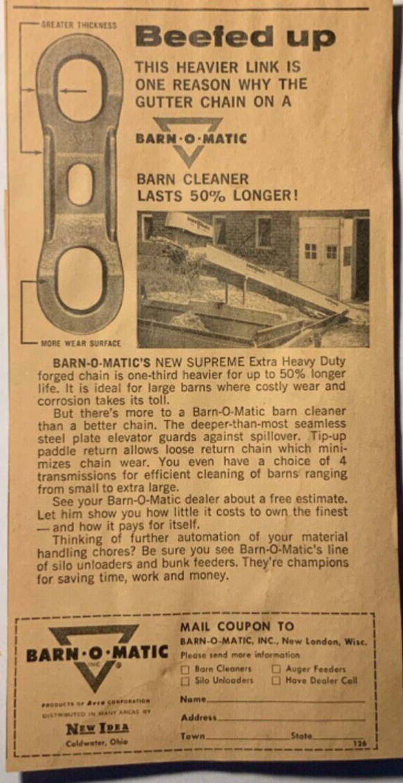 1963 Ad. Barn-O-Matic, Forged Chain for Barn Cleaners. Coldwater, Ohio