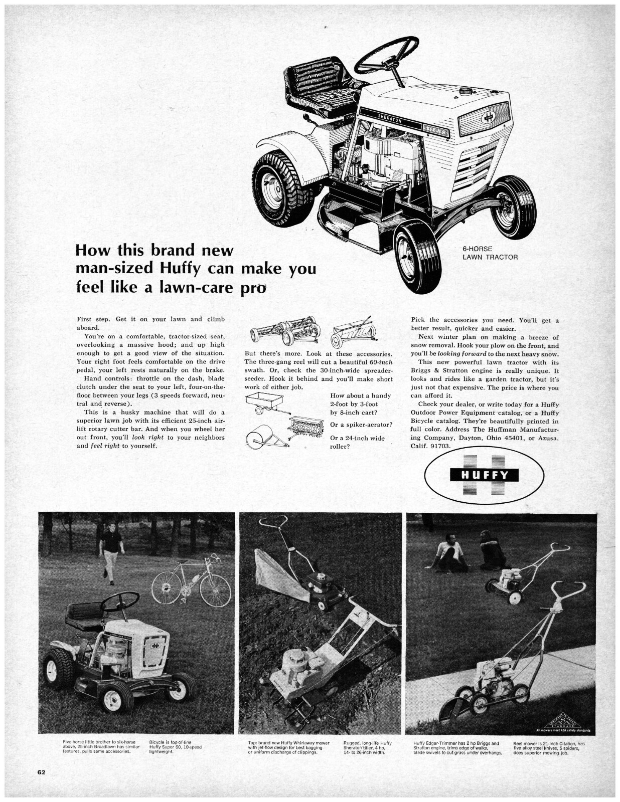 1967 Huffy Lawn Tractor Vintage Print Ad Riding Mower 6 Horse Power Electric