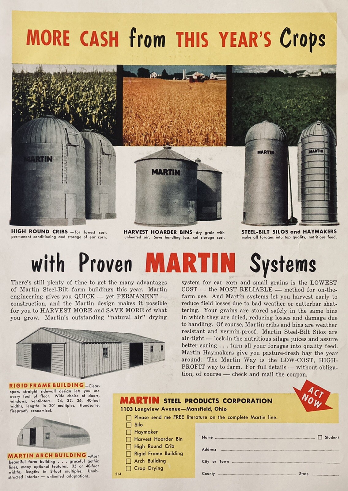 1955 AD.(XH47)~MARTIN STEEL PRODUCTS CO. MANSFIELD, O. STEEL-BILT FARM BUILDINGS