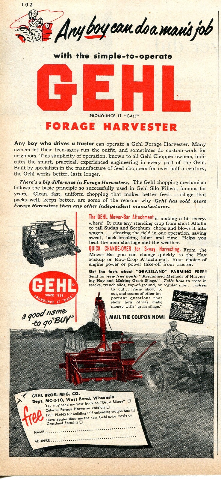 1953 Print Ad of Gehl Forage Harvester Tractor any boy can do a man&rsquo;s job