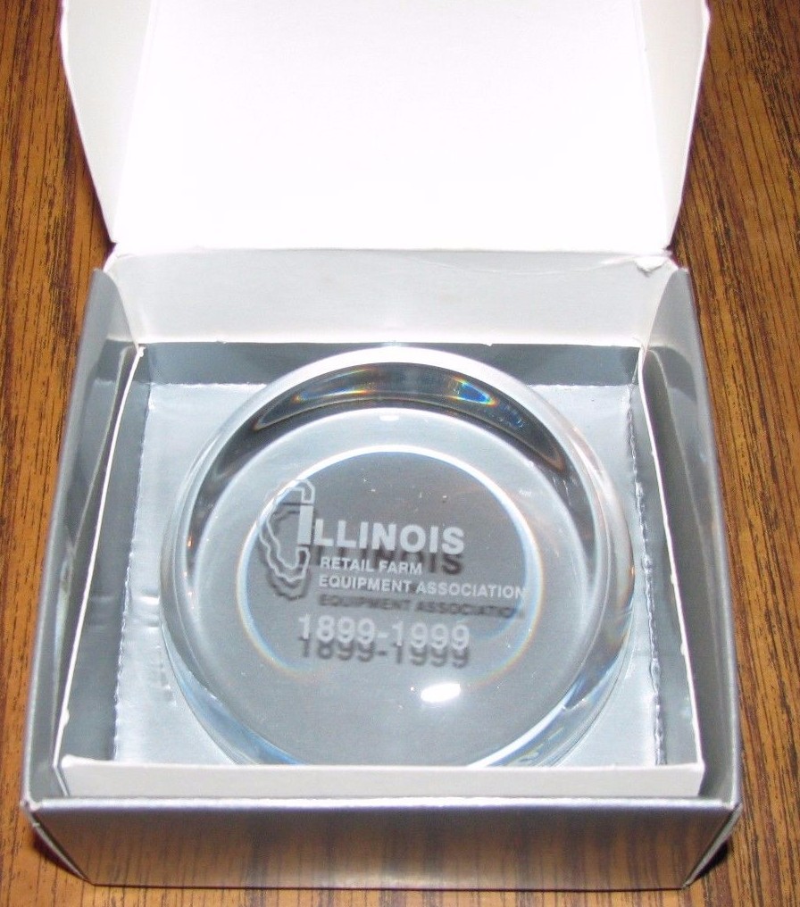 Illinois Retail Farm Equipment Association 1899-1999 Glass Paperweight Deere IH