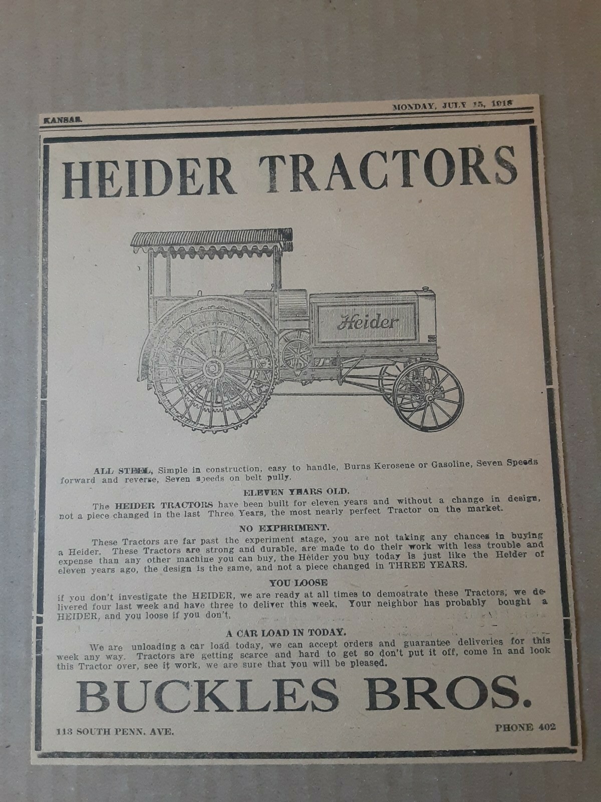 1918 Heider Tractor Newspaper Ad