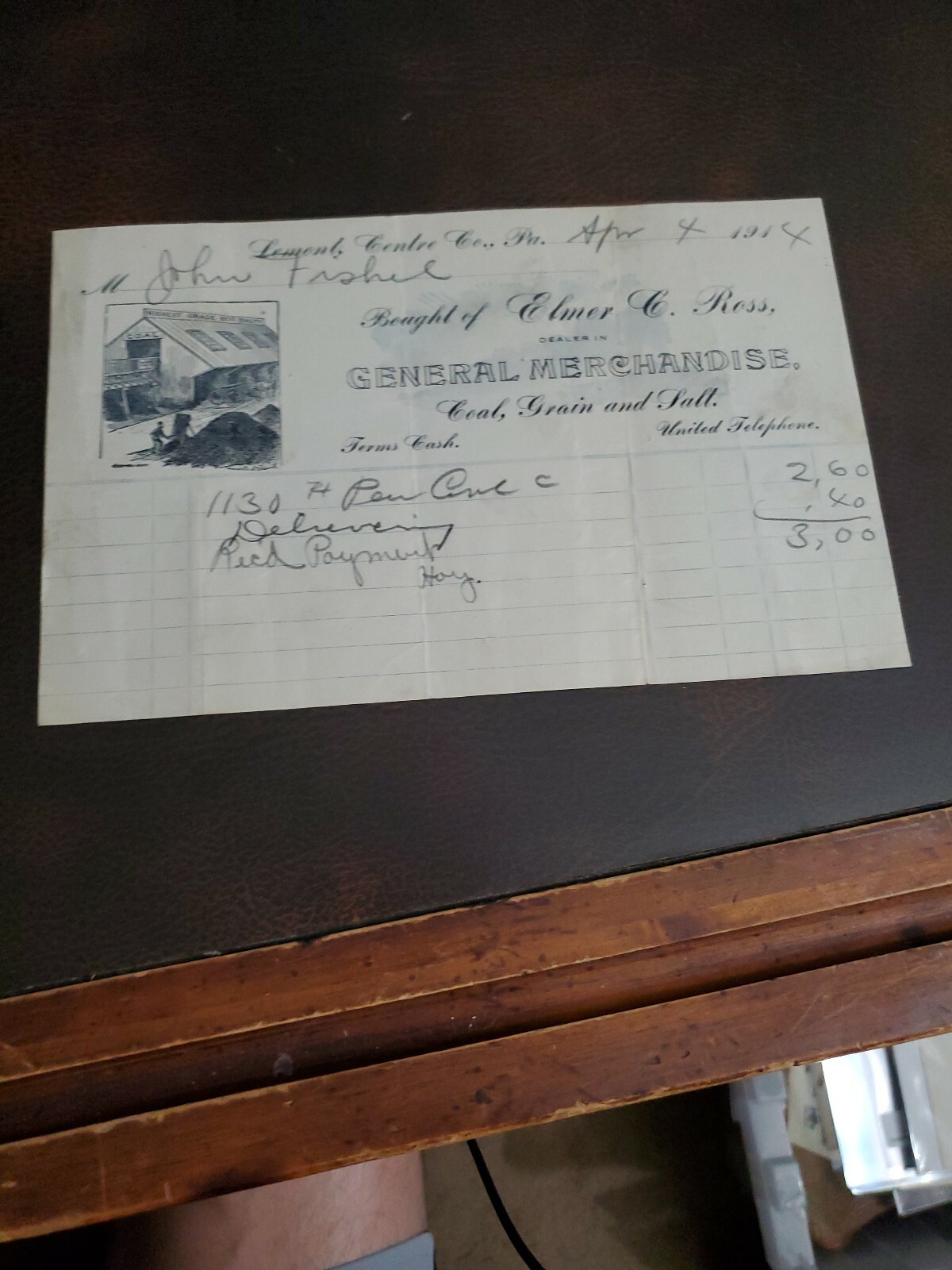 Vntg 1900s Lemont Pa Centre Co Elmer Ross General Store Recpt Coal Grain Salt