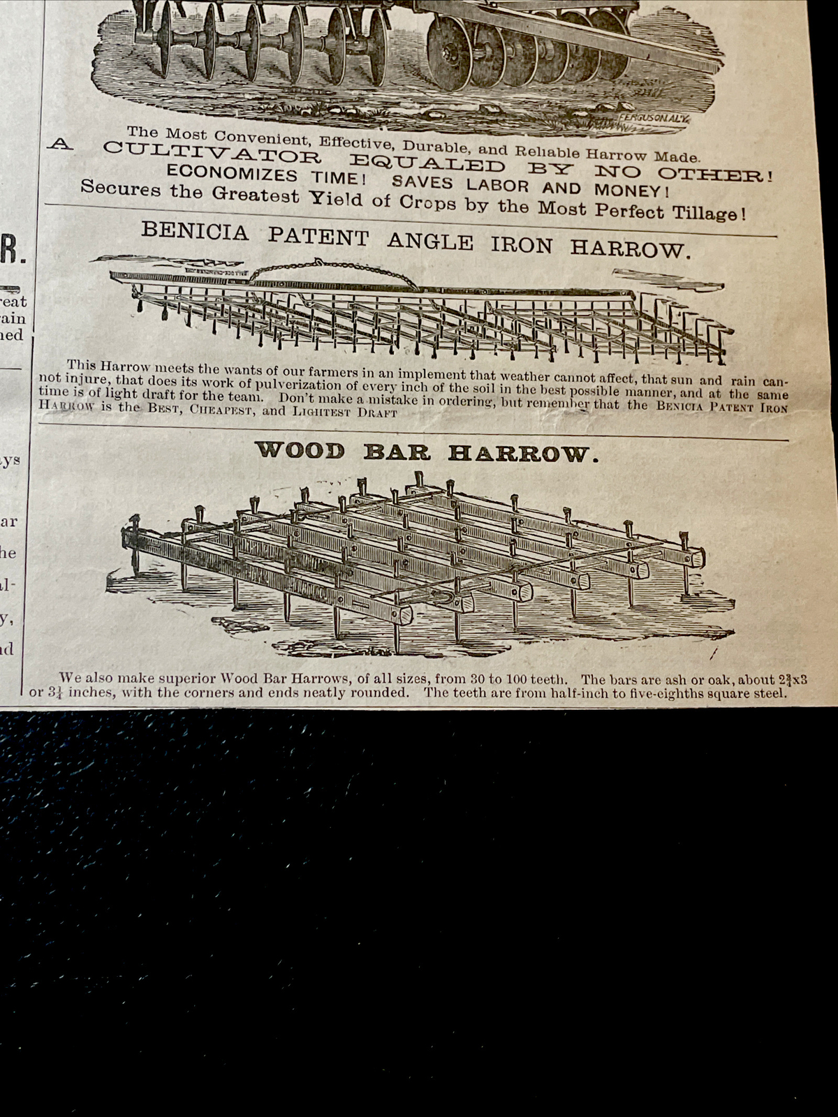 1883 Farm Advertising Engravings – Iowa Barb Wire – Randall Harrow – California