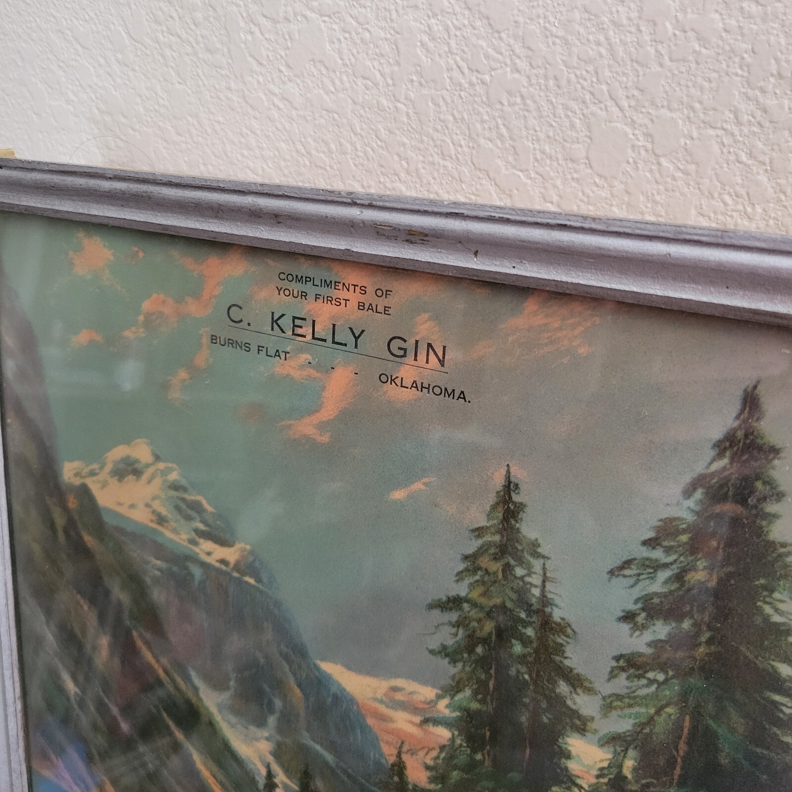 Antique Framed Advertisement C Kelly Gin Burns Flat Oklahoma Litho Wm Thompson