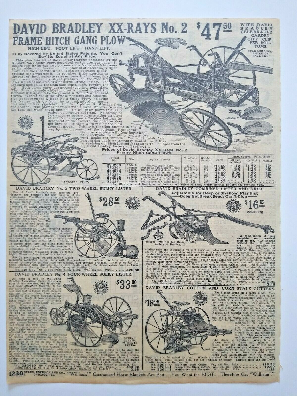 1911 Antique David Bradley X-Rays 2 Plow Farming Art Sears Catalog Page Print Ad