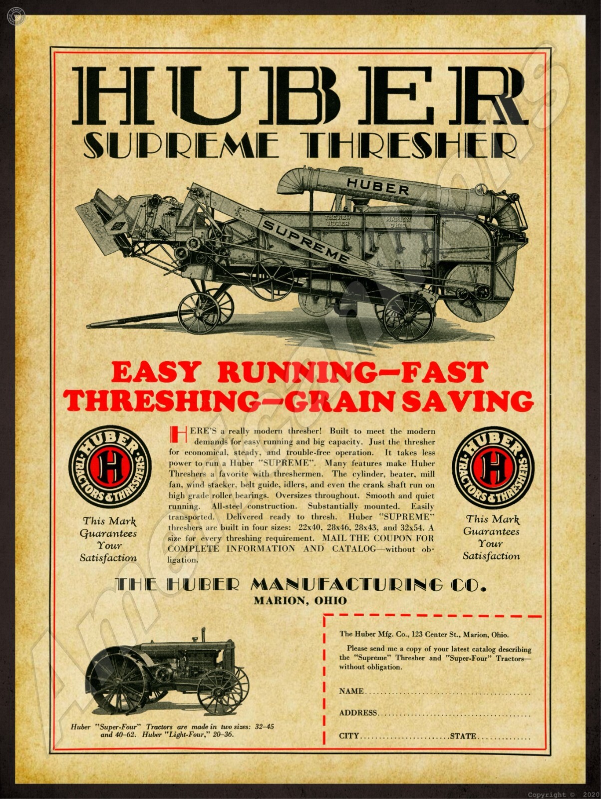 Huber Supreme Thresher & Super 4 Tractor NEW Sign 24×30&Prime; USA STEEL XL Size 7 lbs