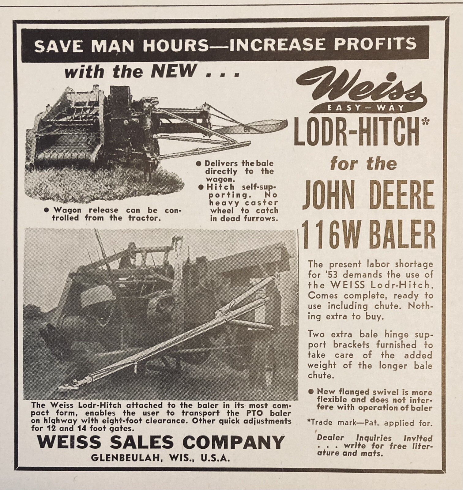 1953 AD.(XH21)~WEISS SALES CO. GLENBEULAH, WIS. LODR-HITCH FOR JOHN DEERE BALER