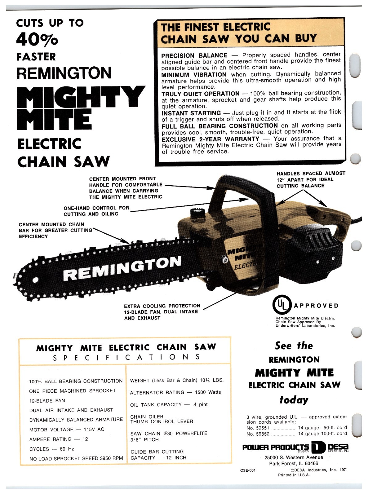 Original 1970s Remington Chainsaw Sales Sheet (Mighty Mite Models) Info Sheet