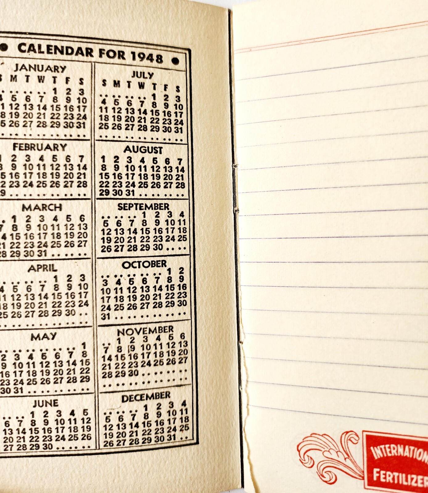 1948 International Fertilizer Memo Book With Calendar Notepad Booklet Mass E85F