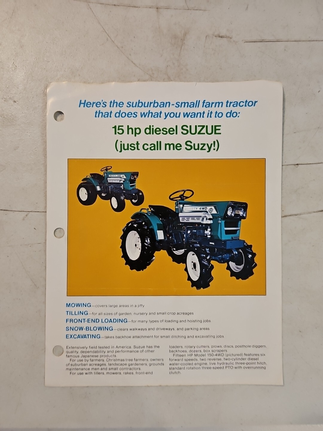 Vintage Suzue 15hp Diesel Tractor Dealer Sales Brochure Spec Sheet