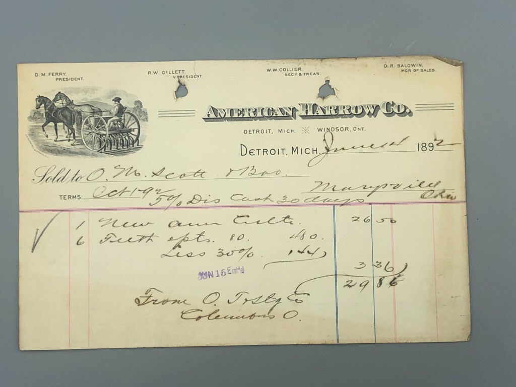 1892 AMERICAN HARROW Plow Receipt Antique FARM Advertising DETROIT Michigan