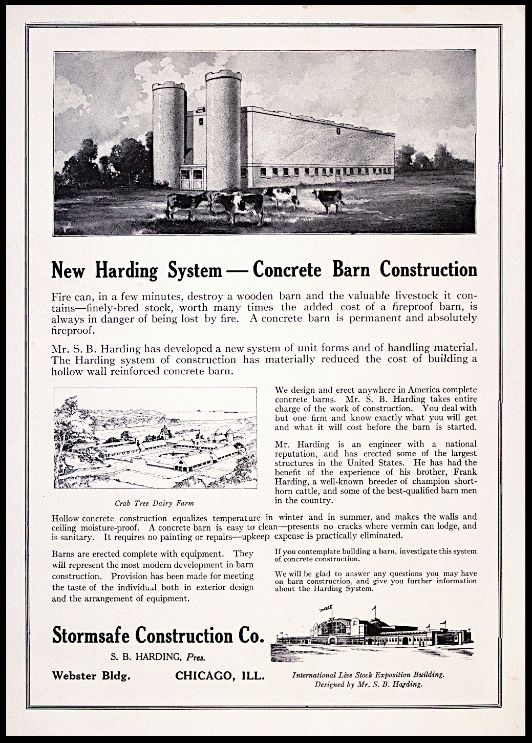 1915 Stormsafe Construction Harding Concrete Barn with Silos Vtg Farm PRINT AD