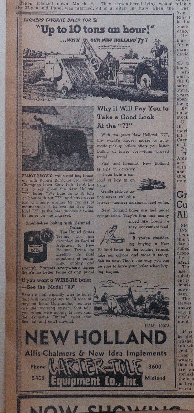 1953 newspaper ad for New Holland Balers – Model 77, Up to 10 Tons an hour