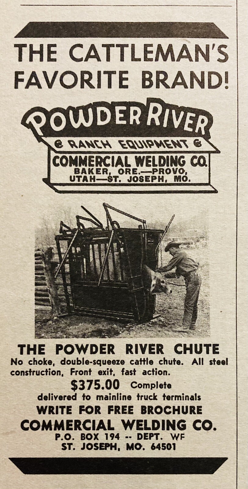 1969 AD.(XH78)~COMMERCIAL WELDING CO. ST. JOSEPH, MO. POWDER RIVER CATTLE SHUTE