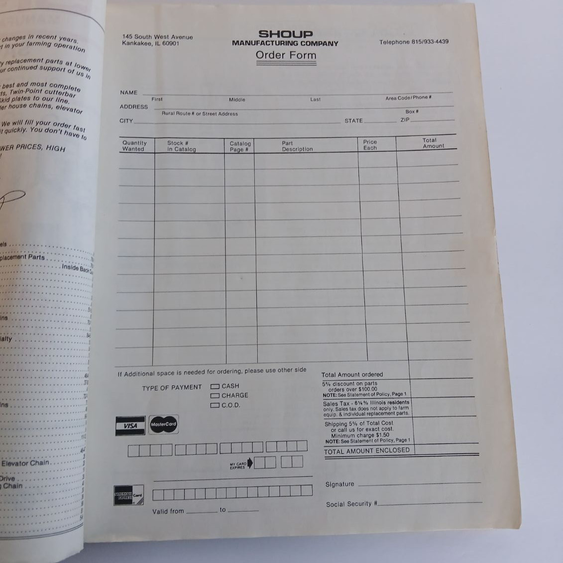 Shoup Manufacturing Company Fall 1986 Catalog Tractor Parts Kankakee IL. Farming