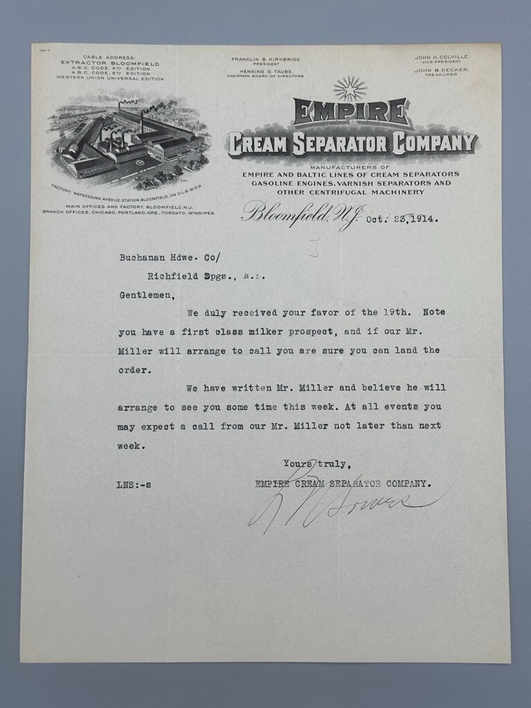 1914 EMPIRE CREAM SEPARATOR Dairy FARM Advertising Letter BLOOMFIELD NJ Antique