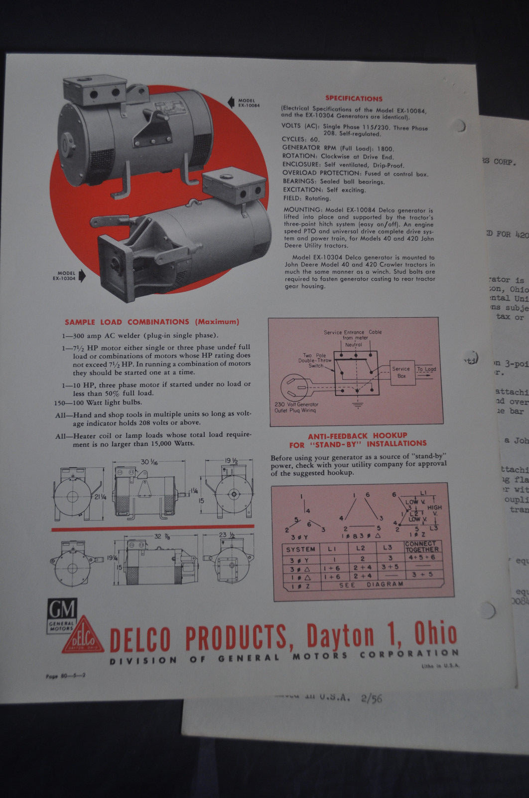 1956 Delco Tractor Mounted AC Generator Brochure Dayton Ohio