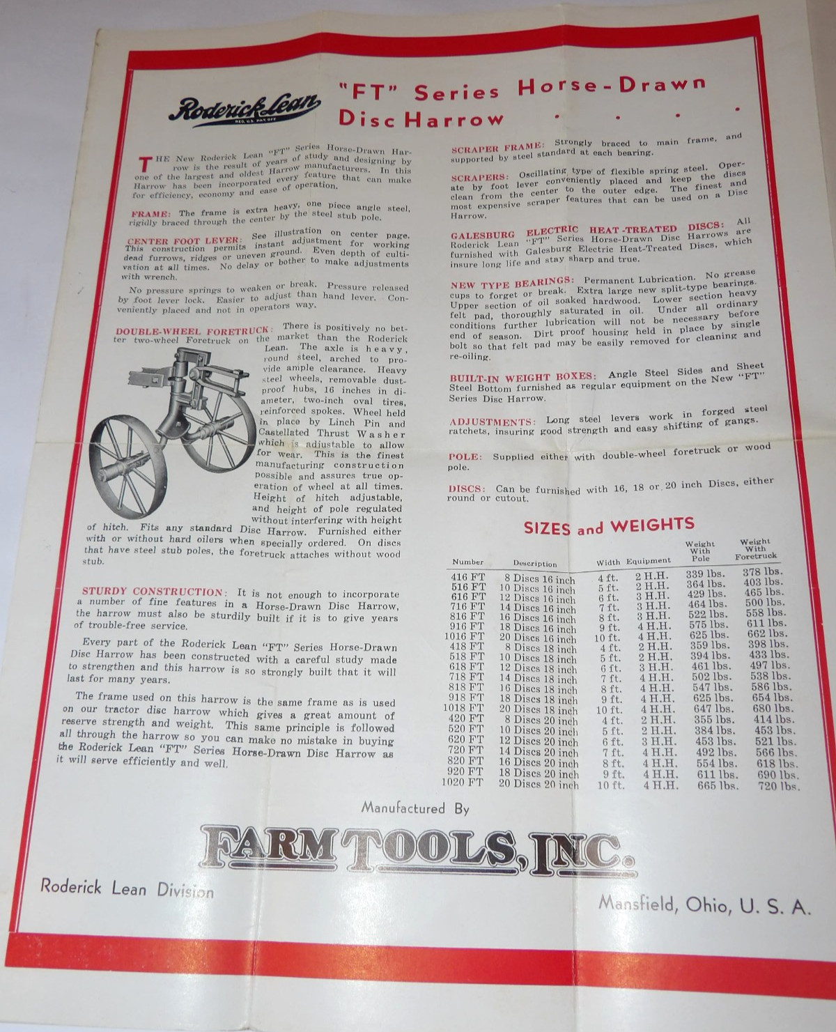 VTG 1938 RODERICK LEAN DISC HARROW ADVERTISING POSTER/BROCHURE! MANSFIELD, OH!