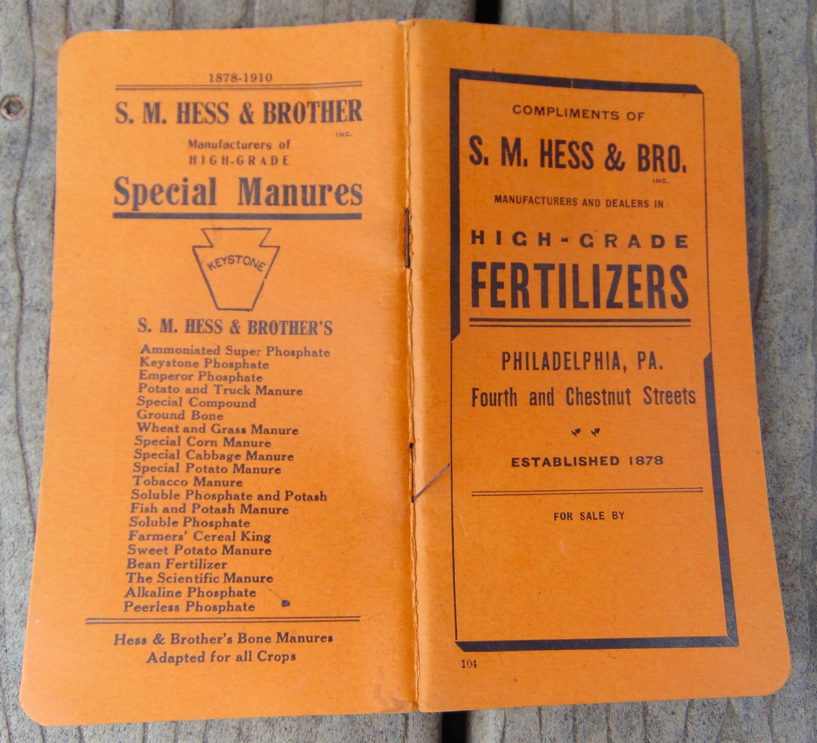 1910 CALENDAR BOOKLET ~ H.M. HESS & BRO. HIGH GRADE FERTILIZERS, PHILADELPHIA,PA