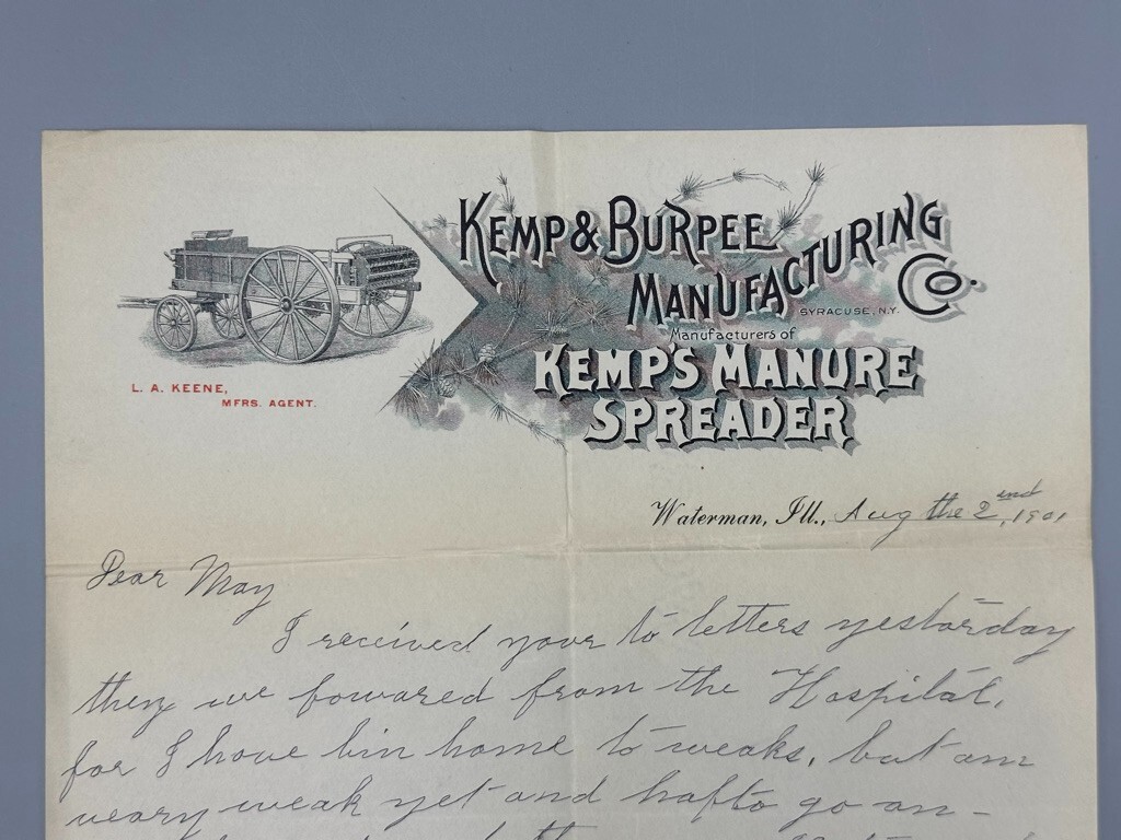 1901 KEMP & BURPEE Manure Spreader WATERMAN Illinois Letter Farm Advertising