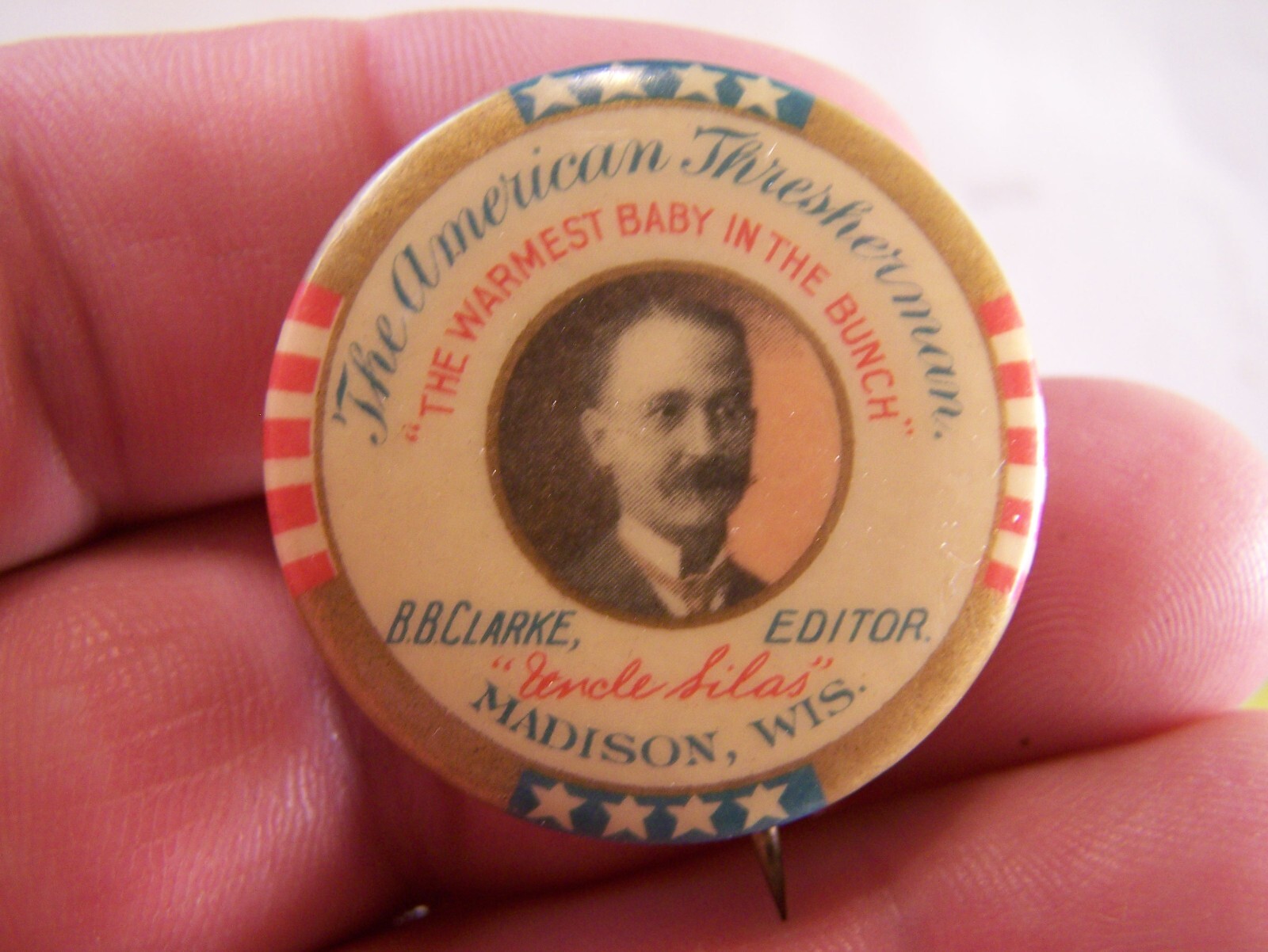 AMERICAN THRESHERMAN Celluloid Pinback Hit Miss Engine Steam Era Trade Magazine