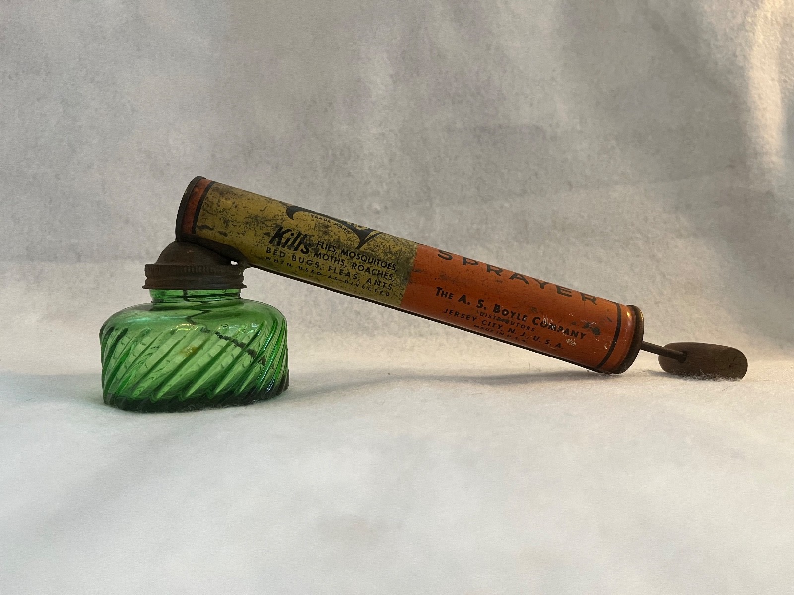 Vintage Black Flag Pump Sprayer With Green Glass Bowl