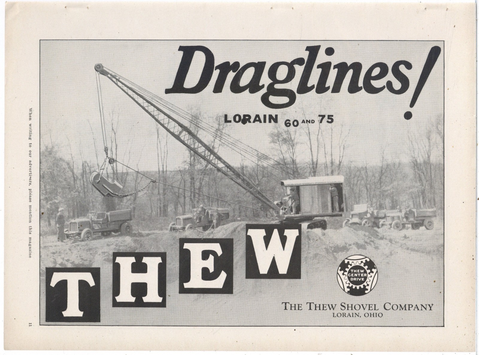 1927 Thew Shovel Co. of Lorain, OhiO Ad: Model 60 & 70 Draglines, Autocar? Truck