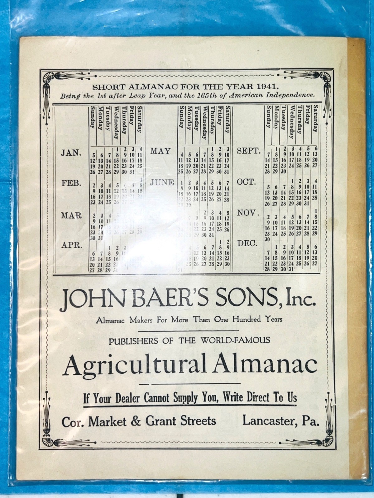 1941 Vintage 116th Volume Agricultural Almanac John Baers Sons Inc. Ephemra