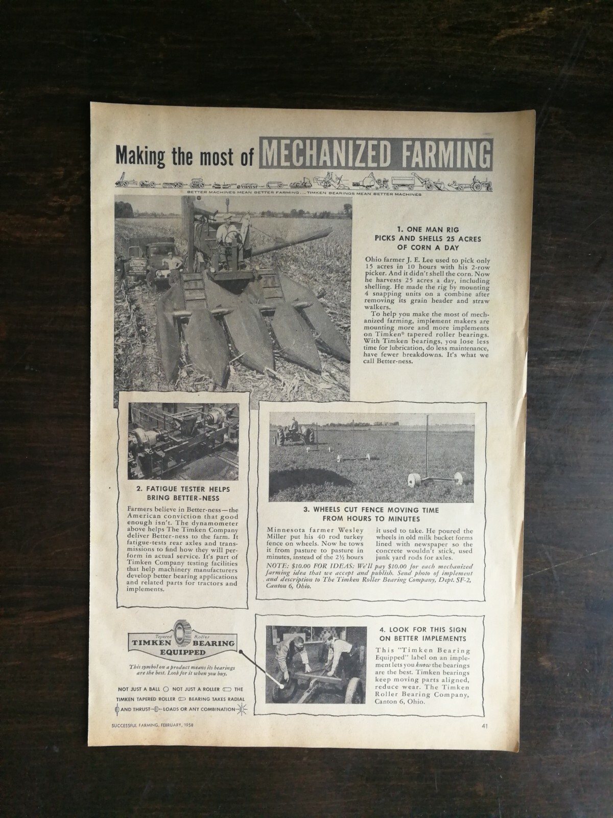 Vintage 1958 Timken Bearing Farm Equipment Full Page Original Ad